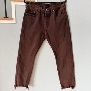 Brown Levi's 501  Jeans, Distressed/Frayed Hem Straight-Leg Button Fly